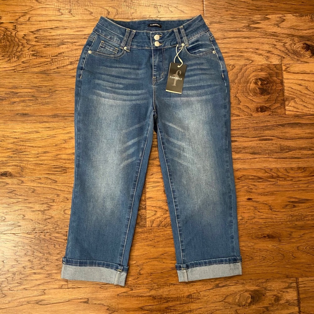 Flamingals Capri Denim Jeans Women Size S Blue Cuffed Cropped 271885 HB